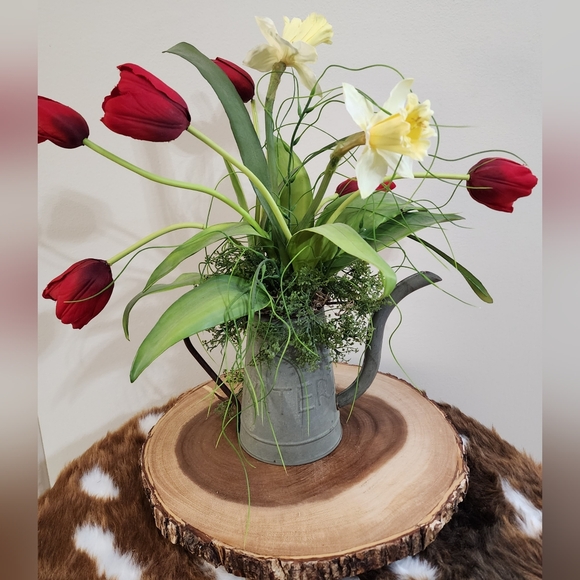 Rustic Farmhouse Galvanized Watering Can Tulip Floral Arrangement - Picture 3 of 12